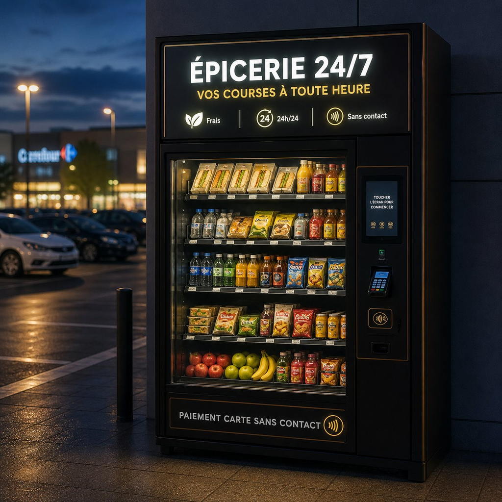 Distributeur automatique épicerie Vendoria - snacks et boissons disponibles 24h/24